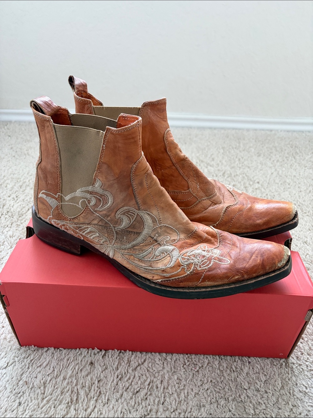 Mark Nason Tan Leather Embroidered Chelsea Boots